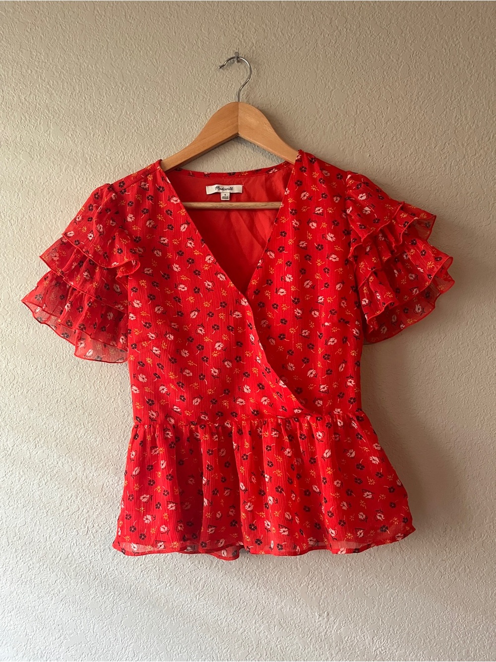 Madewell Red Floral Ruffle Sleeve Blouse